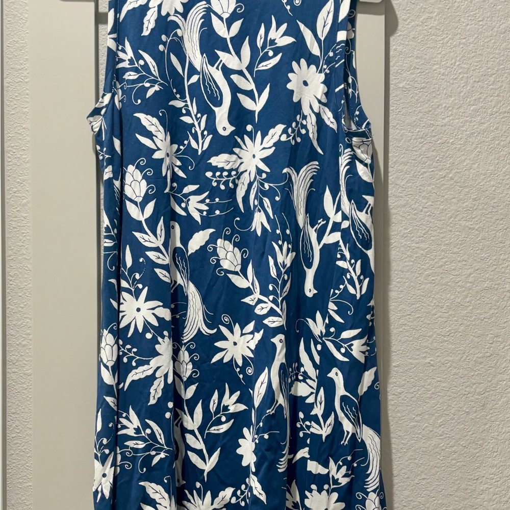 LOFT Blue and White Floral Swing Dress Sleeveless Large Dress